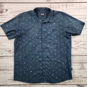 Patagonia Shifting Flies Stone Blue Go To Shirt Mens XL Short Sleeve Button Down